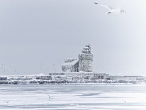 Ice-covered lighthouse on Lake Erie