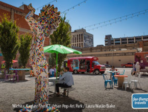 The ICT Urban Pop-Art Park has transformed an empty lot at 121 E. Douglas Avenue in downtown Wichita into a thriving and colorful open-air gathering space, where a rotating line-up of food trucks draw a lunch crowd Monday through Friday. In addition to choosing from a wide selection of fast-casual meals, you can play a game of ping pong and get a closer look at the art, which includes brightly painted 10-foot-tall Keepers (an homage to the original that overlooks the Arkansas River) and some of the 31 sculptures by Georgia Gerber scattered throughout Downtown Wichita, which depict life size animal and human figures in slice-of-life scenes.